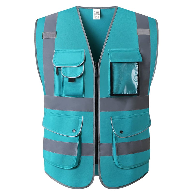 XIAKE 9 Pockets Class 2 High Visibility Reflective Safety Vest for Men Women,Meets ANSI/ISEA Standard(Lake Blue,Small) - Image 1